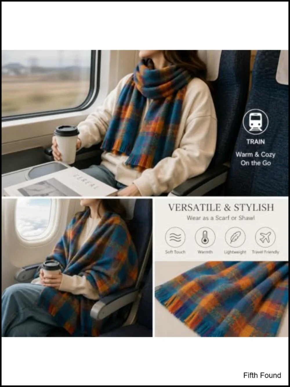 Oversized Plaid Winter Scarf Shawl Wrap with Tassel Fringe